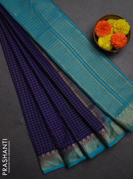 Semi mysore silk saree navy blue and teal green with allover zari checked pattern and zari woven border