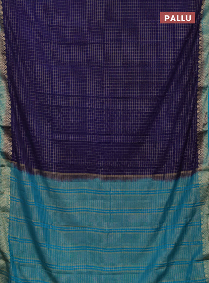 Semi mysore silk saree navy blue and teal green with allover zari checked pattern and zari woven border