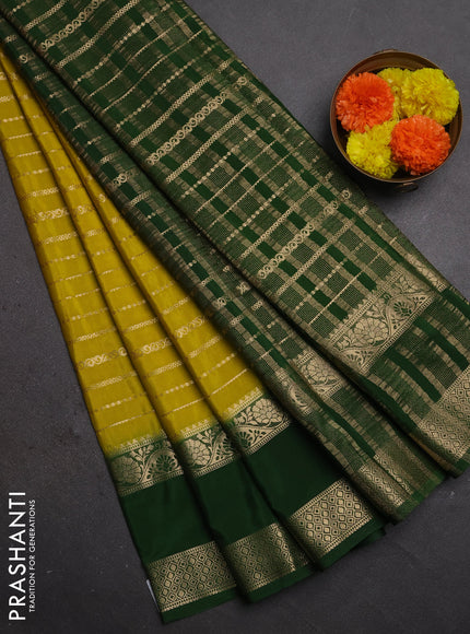 Semi mysore silk saree mustard green and green with allover zari weaves and rettapet zari woven border