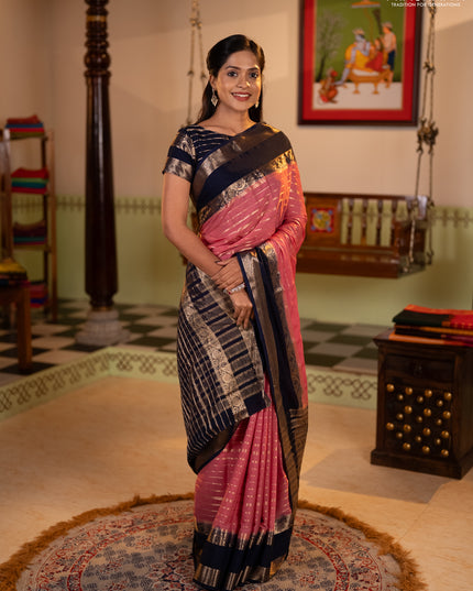 Semi mysore silk saree peach pink and navy blue with allover zari weaves and rettapet zari woven border