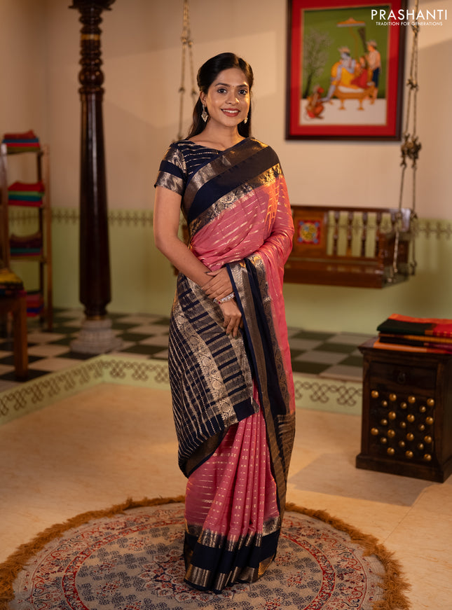 Semi mysore silk saree peach pink and navy blue with allover zari weaves and rettapet zari woven border