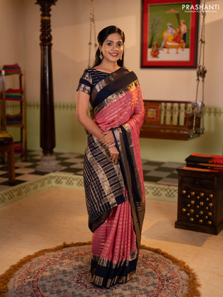 Semi mysore silk saree peach pink and navy blue with allover zari weaves and rettapet zari woven border