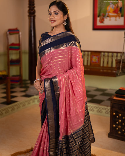 Semi mysore silk saree peach pink and navy blue with allover zari weaves and rettapet zari woven border
