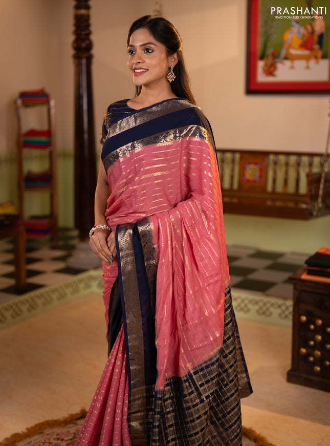 Semi mysore silk saree peach pink and navy blue with allover zari weaves and rettapet zari woven border