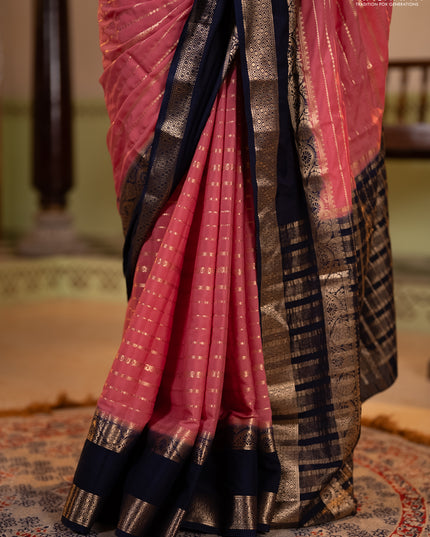 Semi mysore silk saree peach pink and navy blue with allover zari weaves and rettapet zari woven border