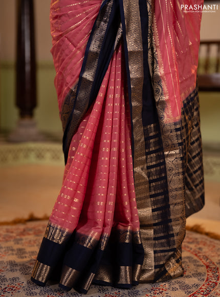 Semi mysore silk saree peach pink and navy blue with allover zari weaves and rettapet zari woven border