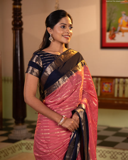 Semi mysore silk saree peach pink and navy blue with allover zari weaves and rettapet zari woven border