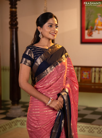 Semi mysore silk saree peach pink and navy blue with allover zari weaves and rettapet zari woven border