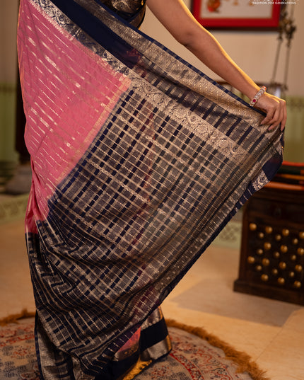 Semi mysore silk saree peach pink and navy blue with allover zari weaves and rettapet zari woven border
