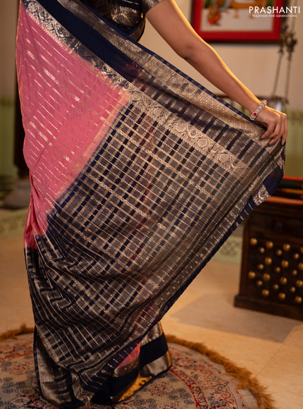 Semi mysore silk saree peach pink and navy blue with allover zari weaves and rettapet zari woven border