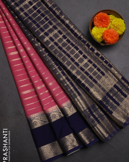 Semi mysore silk saree peach pink and navy blue with allover zari weaves and rettapet zari woven border