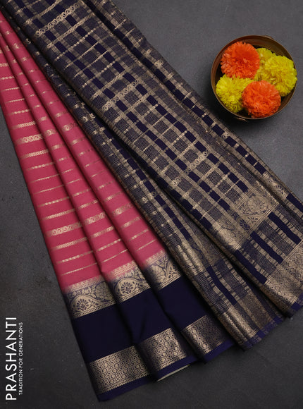 Semi mysore silk saree peach pink and navy blue with allover zari weaves and rettapet zari woven border