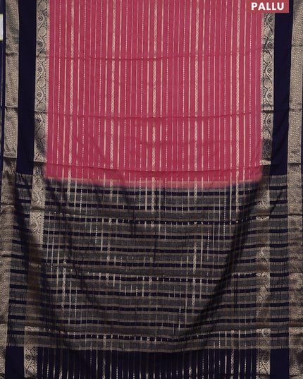 Semi mysore silk saree peach pink and navy blue with allover zari weaves and rettapet zari woven border