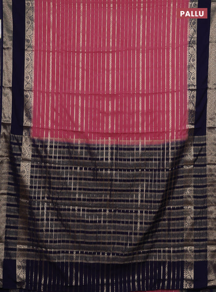 Semi mysore silk saree peach pink and navy blue with allover zari weaves and rettapet zari woven border