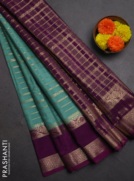 Semi mysore silk saree peastel green and purple with allover zari weaves and rettapet zari woven border