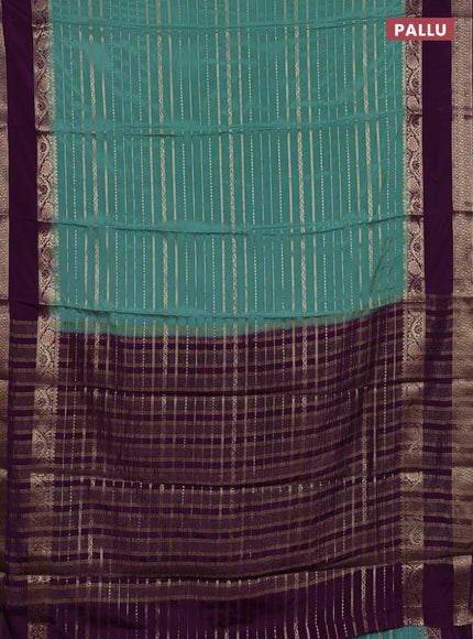 Semi mysore silk saree peastel green and purple with allover zari weaves and rettapet zari woven border