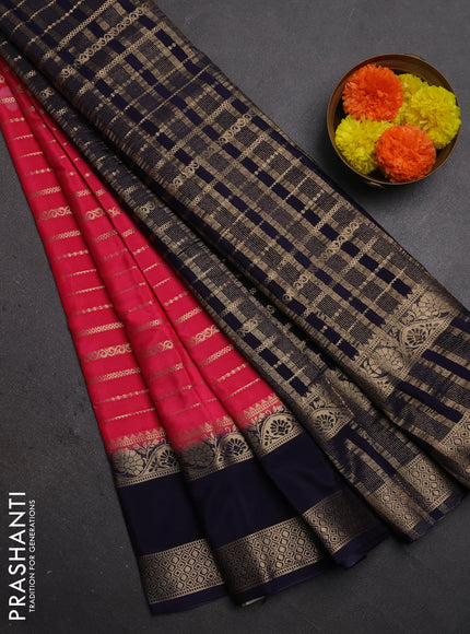 Semi mysore silk saree pink and navy blue with allover zari weaves and rettapet zari woven border