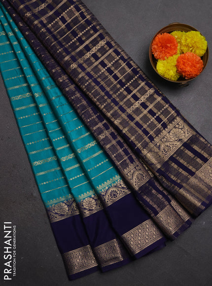 Semi mysore silk saree teal green and navy blue with allover zari weaves and rettapet zari woven border