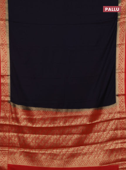 Semi mysore silk saree dark navy blue and red with plain body and zari woven border