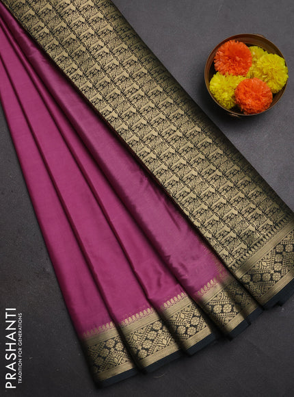 Semi mysore silk saree mauve pink and black with plain body and zari woven border