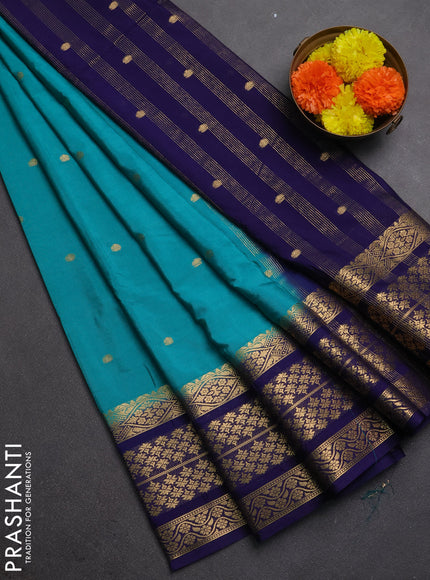 Semi mysore silk saree teal green and navy blue with zari woven buttas and long zari woven border