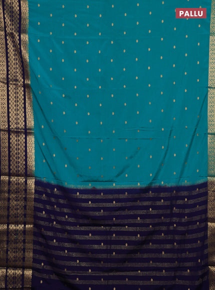 Semi mysore silk saree teal green and navy blue with zari woven buttas and long zari woven border