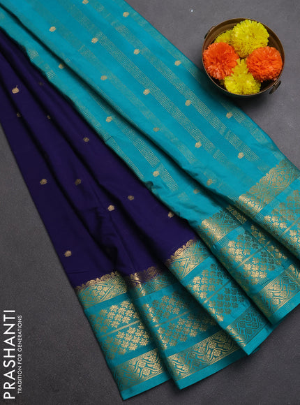 Semi mysore silk saree navy blue and teal green with zari woven buttas and long zari woven border