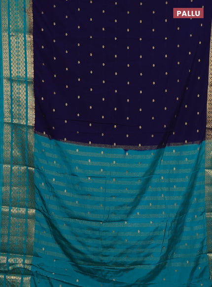 Semi mysore silk saree navy blue and teal green with zari woven buttas and long zari woven border