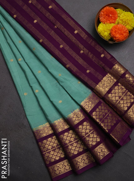 Semi mysore silk saree pastel green and purple with zari woven buttas and long zari woven border