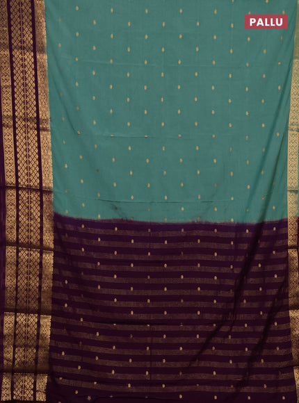 Semi mysore silk saree pastel green and purple with zari woven buttas and long zari woven border