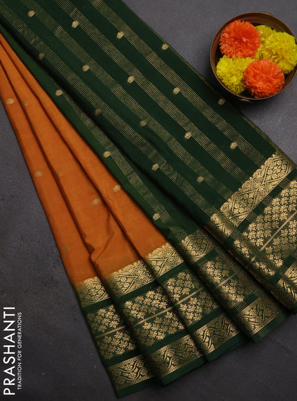 Semi mysore silk saree mustard yellow and green with zari woven buttas and long zari woven border