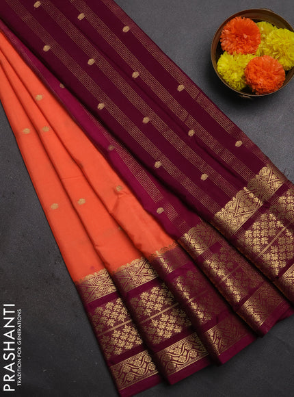 Semi mysore silk saree peach orange and wine shade with zari woven buttas and long zari woven border