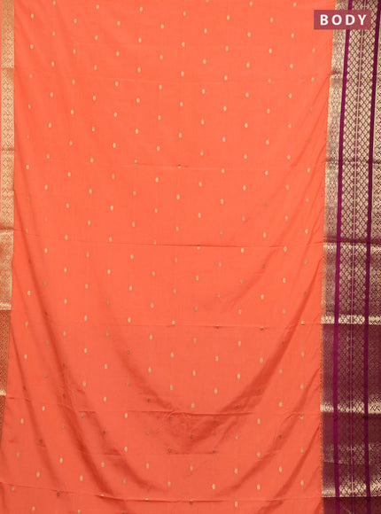Semi mysore silk saree peach orange and wine shade with zari woven buttas and long zari woven border