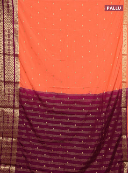 Semi mysore silk saree peach orange and wine shade with zari woven buttas and long zari woven border