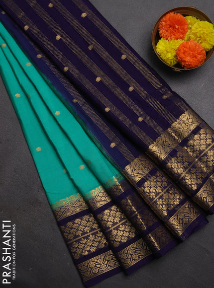 Semi mysore silk saree teal green and navy blue with zari woven buttas and long zari woven border