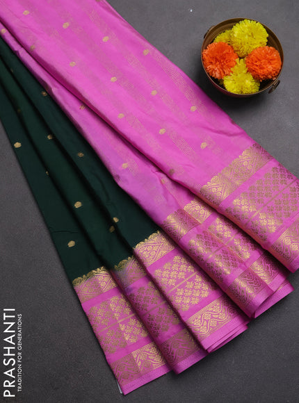 Semi mysore silk saree bottle green and light pink with zari woven buttas and long zari woven border