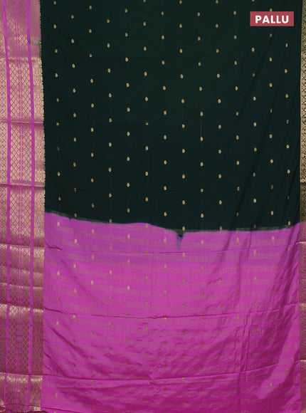 Semi mysore silk saree bottle green and light pink with zari woven buttas and long zari woven border