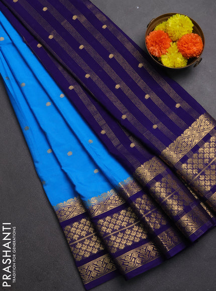 Semi mysore silk saree cs blue and deep violet with zari woven buttas and long zari woven border