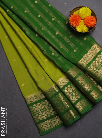 Semi mysore silk saree lime green and green with zari woven buttas and long zari woven border