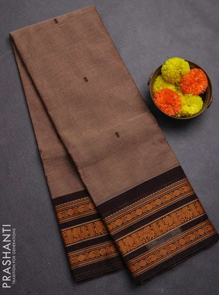Chettinad cotton saree chikku shade and black with thread woven buttas and thread woven border