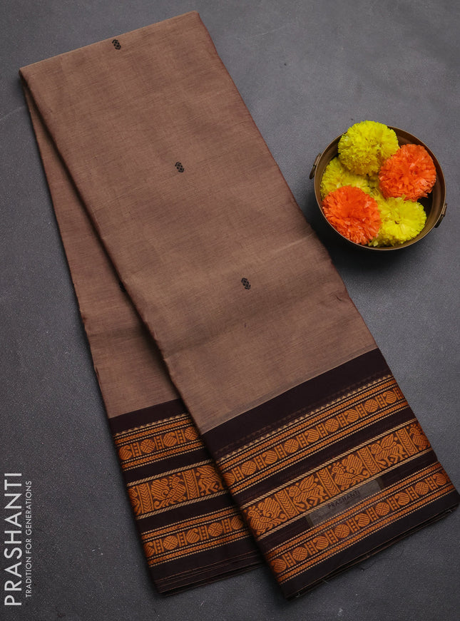 Chettinad cotton saree chikku shade and black with thread woven buttas and thread woven border