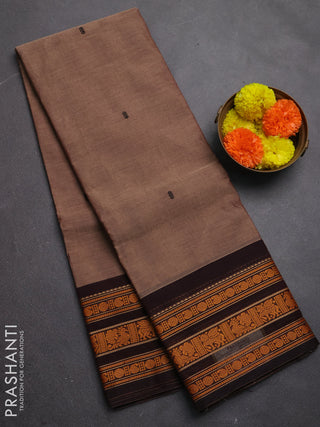 Chettinad cotton saree chikku shade and black with thread woven buttas and thread woven border