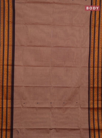 Chettinad cotton saree chikku shade and black with thread woven buttas and thread woven border