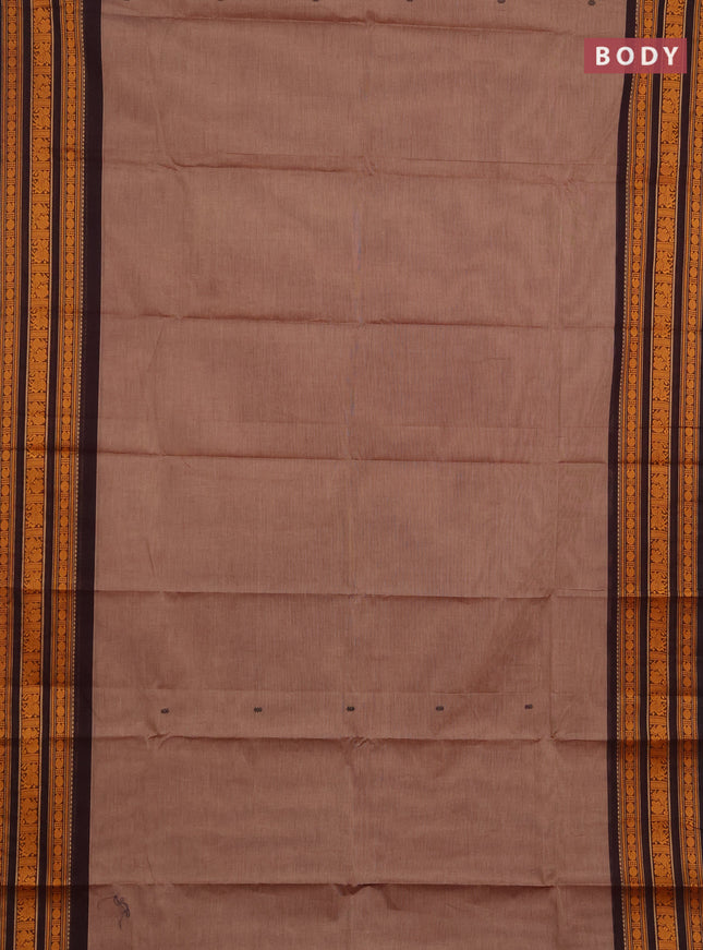 Chettinad cotton saree chikku shade and black with thread woven buttas and thread woven border
