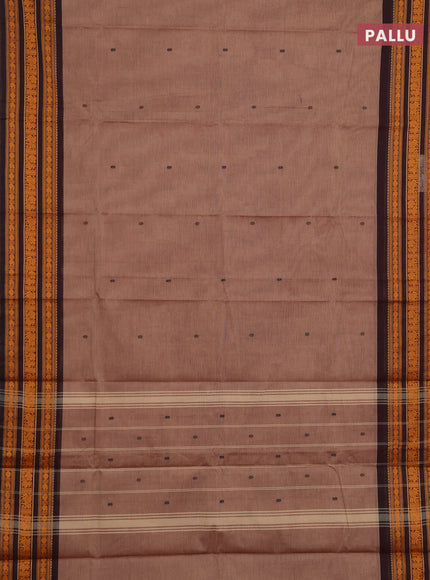 Chettinad cotton saree chikku shade and black with thread woven buttas and thread woven border