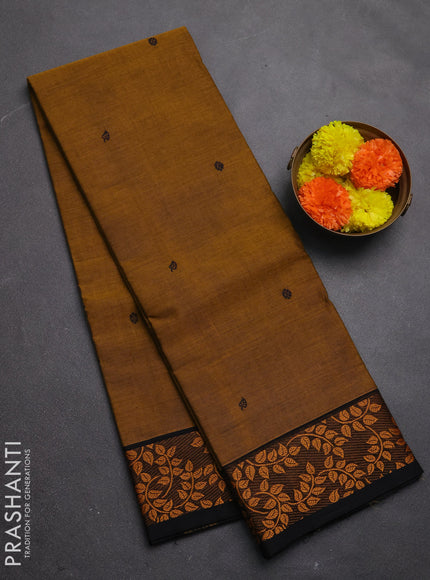 Chettinad cotton saree dark mustard and black with thread woven buttas and thread woven border