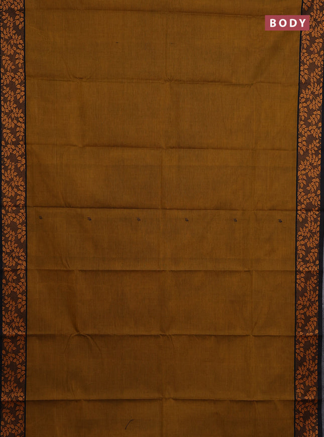 Chettinad cotton saree dark mustard and black with thread woven buttas and thread woven border