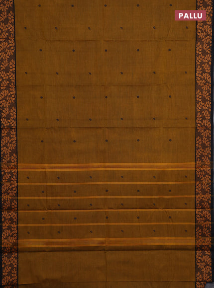 Chettinad cotton saree dark mustard and black with thread woven buttas and thread woven border