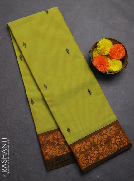 Chettinad cotton saree fluorescent green and dark mustard with thread woven buttas and thread woven border