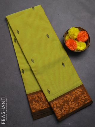Chettinad cotton saree fluorescent green and dark mustard with thread woven buttas and thread woven border